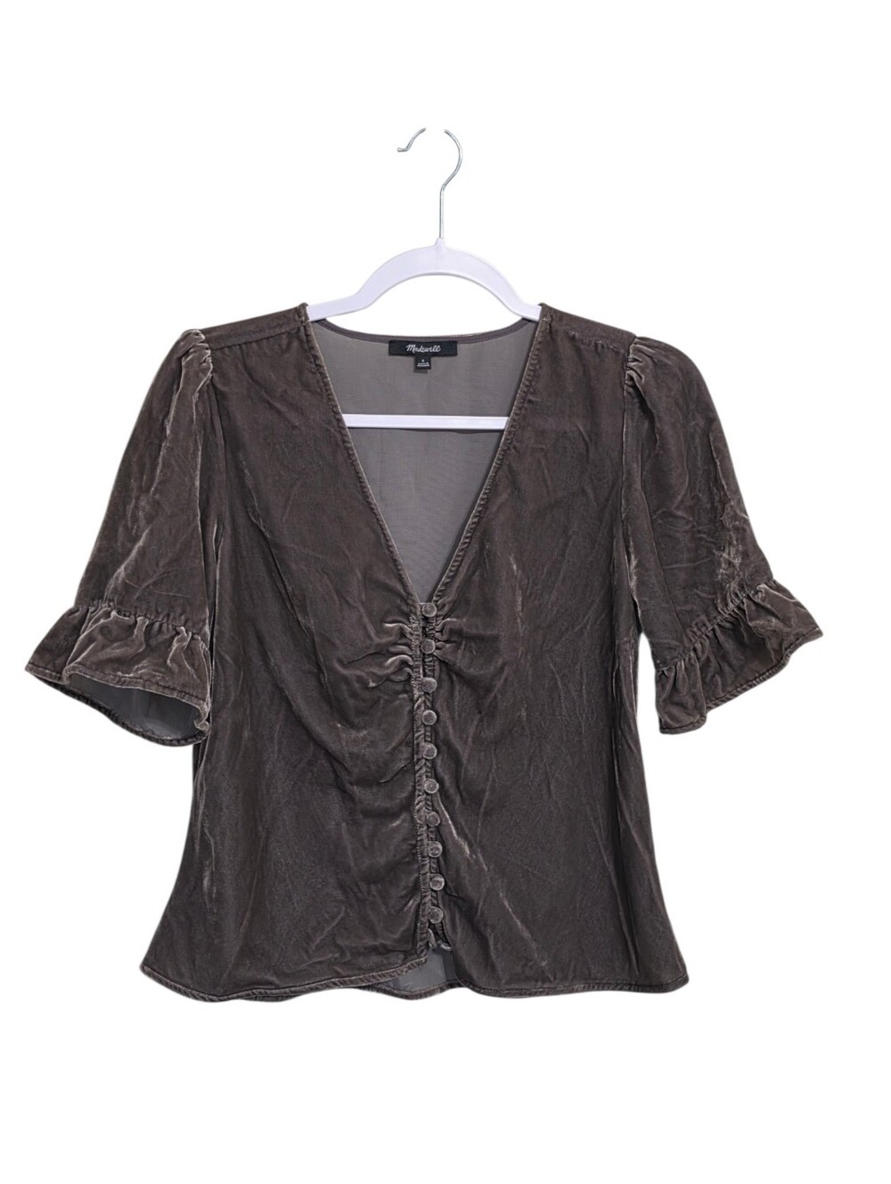 Madewell Pewter Gray Crushed Velvet Top 4 Ruffled Button Up Whimsigoth Office